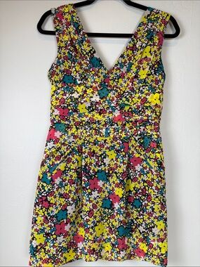 BCBGeneration Bright Floral V-Neck Mini Dress Neon Pink Yellow Y2K